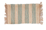 Emmy Collection handmade jute rug mat with undyed natural beige and teal vertical stripes, 2' x 3'.