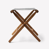 Folded Peg and Awl Expedition Stool, showing compact slate waxed canvas and reclaimed oak.