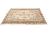 Vintage Oushak carpet with faded silver grey, bronze, beige, and ivory medallion design.