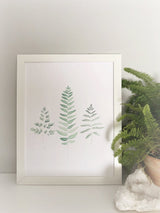 Bottom right corner of white framed Katelyn Morse soft green botanical fern print.