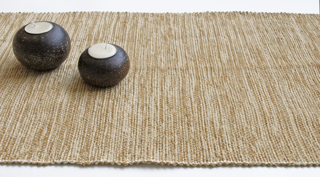 Handwoven gold and cream table runner with textured, undulating cotton weave, 72 inches.