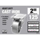 A 2-inch cast iron caster's specifications, showing its 125 lb load capacity and recommended uses.