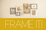 Inspirational gallery wall featuring a mix of framed vintage prints and swatch art.