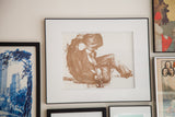 Vintage Frank Palmieri 'Girl on Guitar' lithograph, expressive brown artwork.