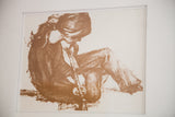 Upper left corner of the brown-toned lithograph showing textured, expressive brushstrokes.