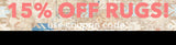 Promotional banner with '15% OFF RUGS!' text on a distressed beige and blue rug.