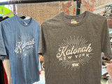 Close-up of the heathered grey Katonah New York tee's ribbed collar.