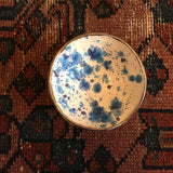 White and indigo handmade Air Plant Ring Dish, indigo crystal splatter glaze, silver rim.