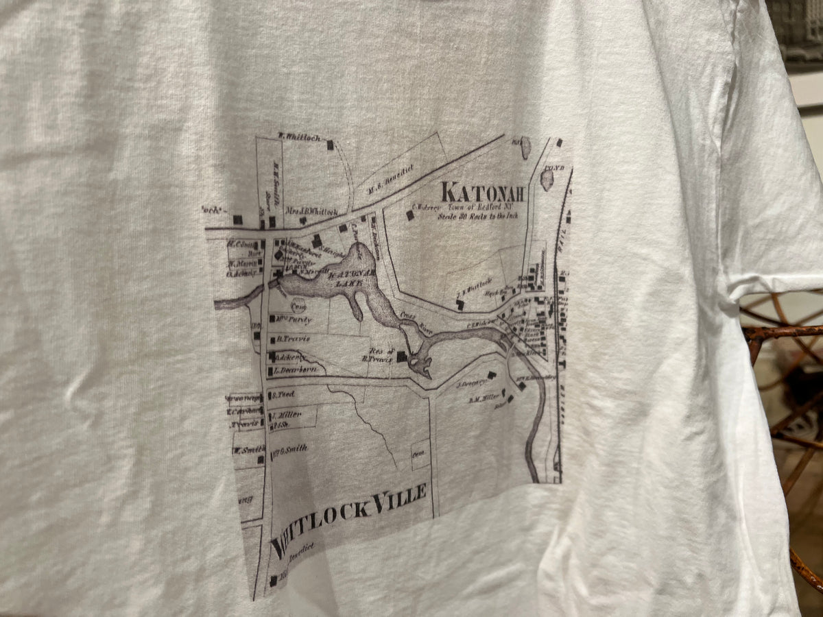Children's Katonah Map Tee, white cotton with antique 1868 map print in grayscale, medium.