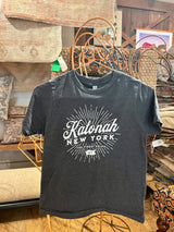 Kids Katonah New York tee in charcoal grey with white sunburst graphic.