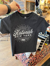 Kids charcoal Katonah NY Finest Folks tee held on a copper hanger.
