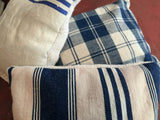 Lavender sachets featuring vintage blue and white striped and plaid European textiles.