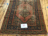 Antique distressed Malayer runner, faded salmon field and navy geometric borders, 5'3