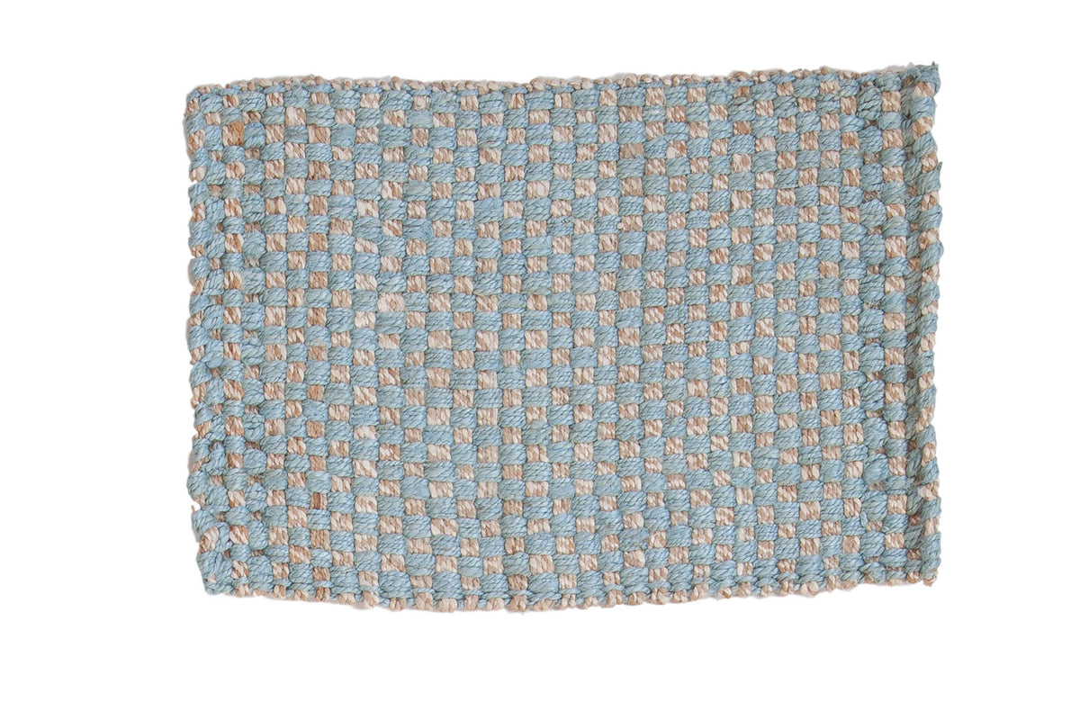 Jackie Collection hand-woven jute rug mat with blue and natural beige checkerboard pattern, 2' x 3'.