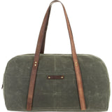 Peg and Awl Journey Duffle Bag in moss green waxed canvas with brown leather handles.