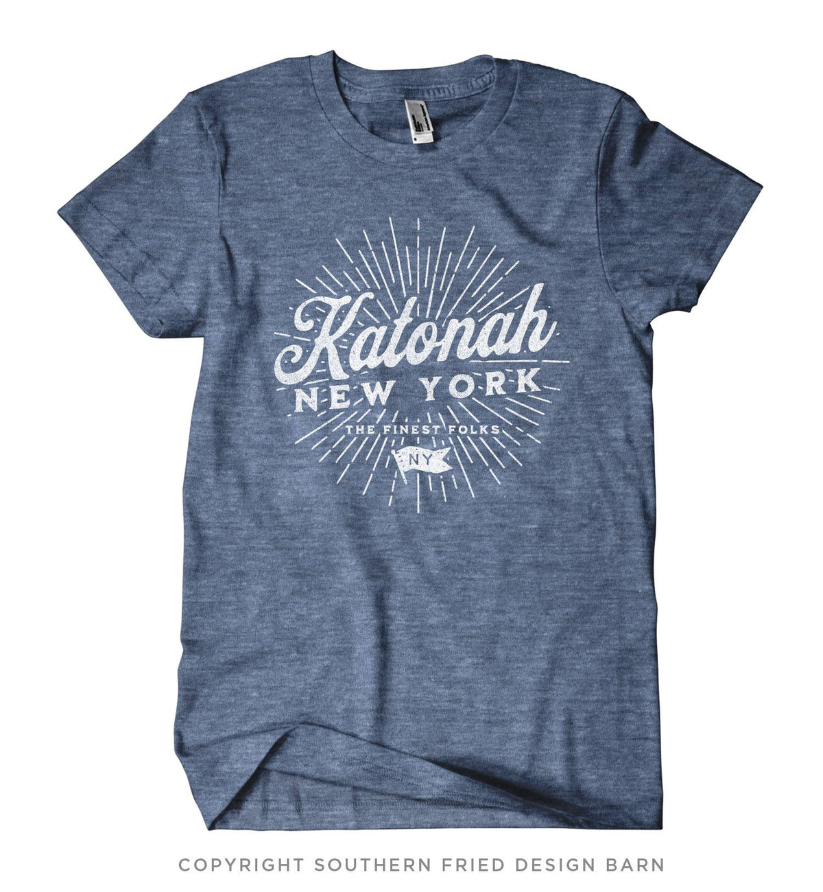 Unisex Katonah NY Finest Folks light blue tee with white sunburst graphic