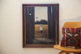 Lower right of Thomas Kerry painting, showing cracks, discoloration, and a red rug pillow.