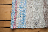 Soft woven texture of vintage rag rug with ivory, blue, and pink stripe dashes.