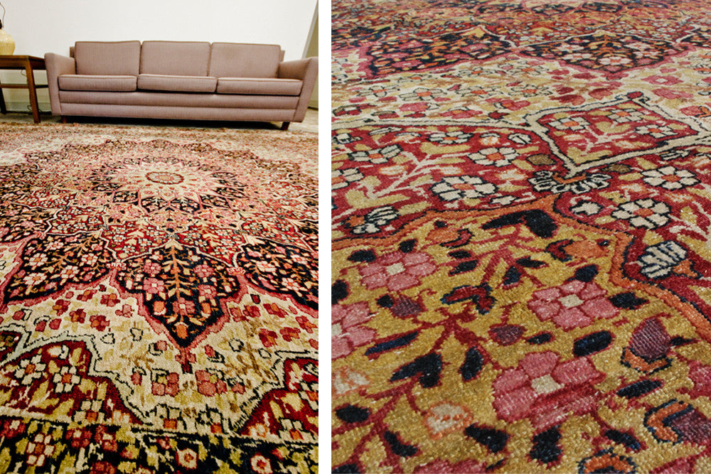 Antique Persian Kerman rug with bold sun medallion and allover floral daisy pattern, ivory and red.