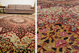 Antique Persian Kerman rug with bold sun medallion and allover floral daisy pattern, ivory and red.