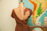 1940s Dorothy O'Hara brown gown back, with sheer panel and ornate lace.