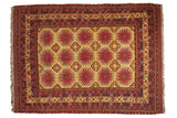 Vintage Daulatabad carpet featuring red floral guls in a grid pattern across a saffron yellow field.