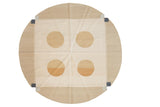Vintage Contemporary round Kilim carpet, abstract rectilinear design, ivory, beige, dusty gold circles, 6'6