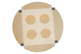 Abstract rectilinear contemporary round Kilim rug with ivory, dusty gold circles, and blue accents.