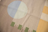 Contemporary Kilim detail: abstract powder blue, beige, green geometric forms and abrashes.