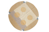 Vintage Contemporary Kilim round carpet, abstract rectilinear pattern, ivory, beige, dusty gold.
