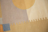 Fine handwoven contemporary Kilim rug, abstract rectilinear blocks in gold, beige, pale blue.