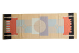 Handwoven Contemporary Indian Kilim runner, abstract geometric central circle design in sand, blue, lilac, red, 3x9.
