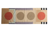 Handwoven Contemporary Kilim runner with abstract geometric design, cinnabar red and sand circles, 3'2