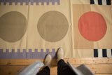 Abstract contemporary Kilim runner, cinnabar red, beige, lilac, charcoal geometric design.