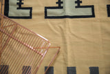 Textured contemporary Kilim with beige abrashes and black geometric abstract motifs.