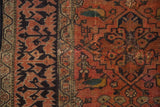 Antique Fereghan rug displaying wear, terracotta field, human figures, birds, and Lotto Turkish border.
