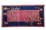 Faded raspberry pink Chinese Nichols Art Deco runner, cobalt border, sprawling vases, butterflies, 3'1