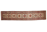 Vintage Karaja runner with geometric medallions and birds on a rare ivory field with red and blue accents.