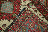Hand-knotted foundation and original side cord of a vintage Persian Karaja rug corner.