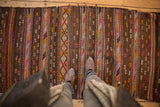 Hand woven Turkish Jijim runner detail: brown, pink, orange, yellow geometric and serpent bands.