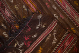 Hand woven Jijim runner with embroidered serpent motifs, brown, pink, and saffron bands.