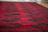 Thick, cherry red Ersari carpet pile with dark navy elephant footprint gul design.