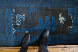 Vintage Peking pictorial rug runner in charcoal and cobalt blue, with spotted deer motif.