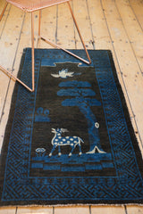 Pictorial vintage Peking runner with deer, tree, bird in charcoal and cobalt blue.