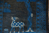 Pictorial blue deer with ivory spots, tongue out, on charcoal Peking runner.