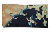 Hand-knotted vintage Peking pictorial runner, two birds and deer, indigo blue, beige.