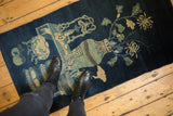 Antique Peking rug: pictorial vases, dragon, and plants in deep indigo, celadon, and ivory.