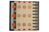 Vintage contemporary kilim carpet featuring abstract circles, geometric columns in ivory, camel, charcoal, green, and terracotta, 5'9