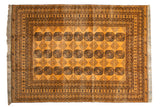 Vintage Daulatabad carpet with elephant footprint guls in dark navy on a saffron yellow field.