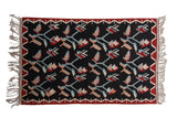 Charcoal black vintage Turkish Kilim rug, germinating plant motifs in red, apricot, blue, 3'8